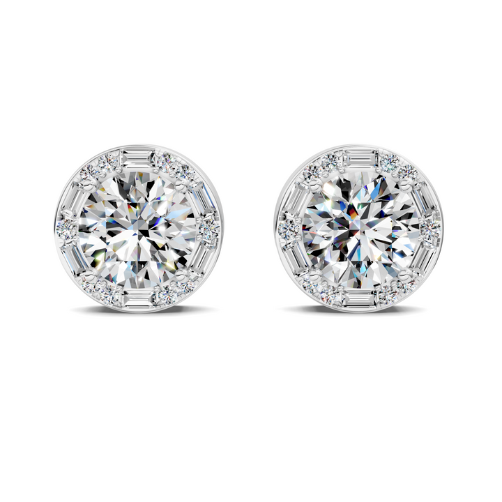 Round Cut Round and Baguette Halo Stud Earrings