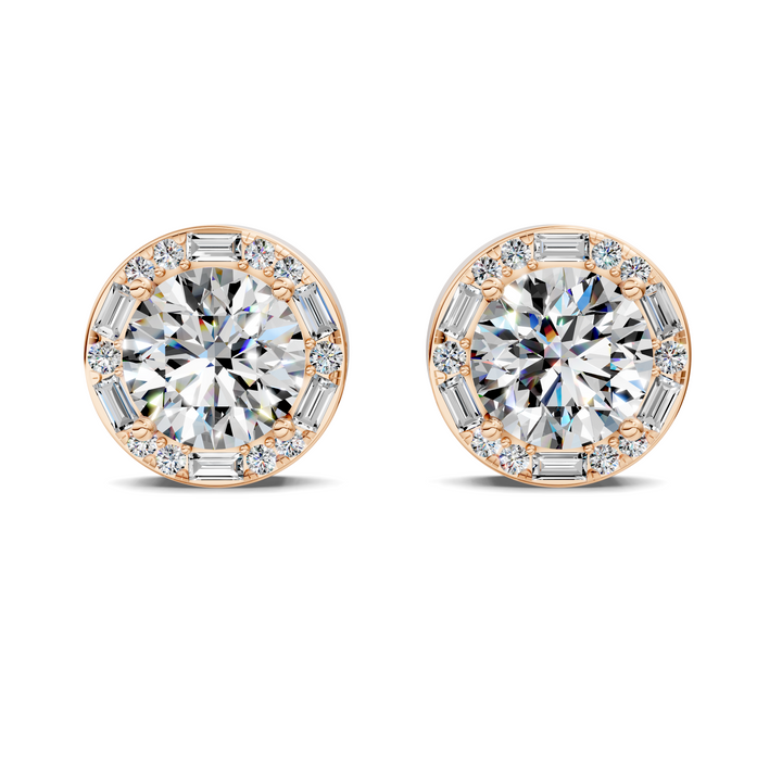 Round Cut Round and Baguette Halo Stud Earrings