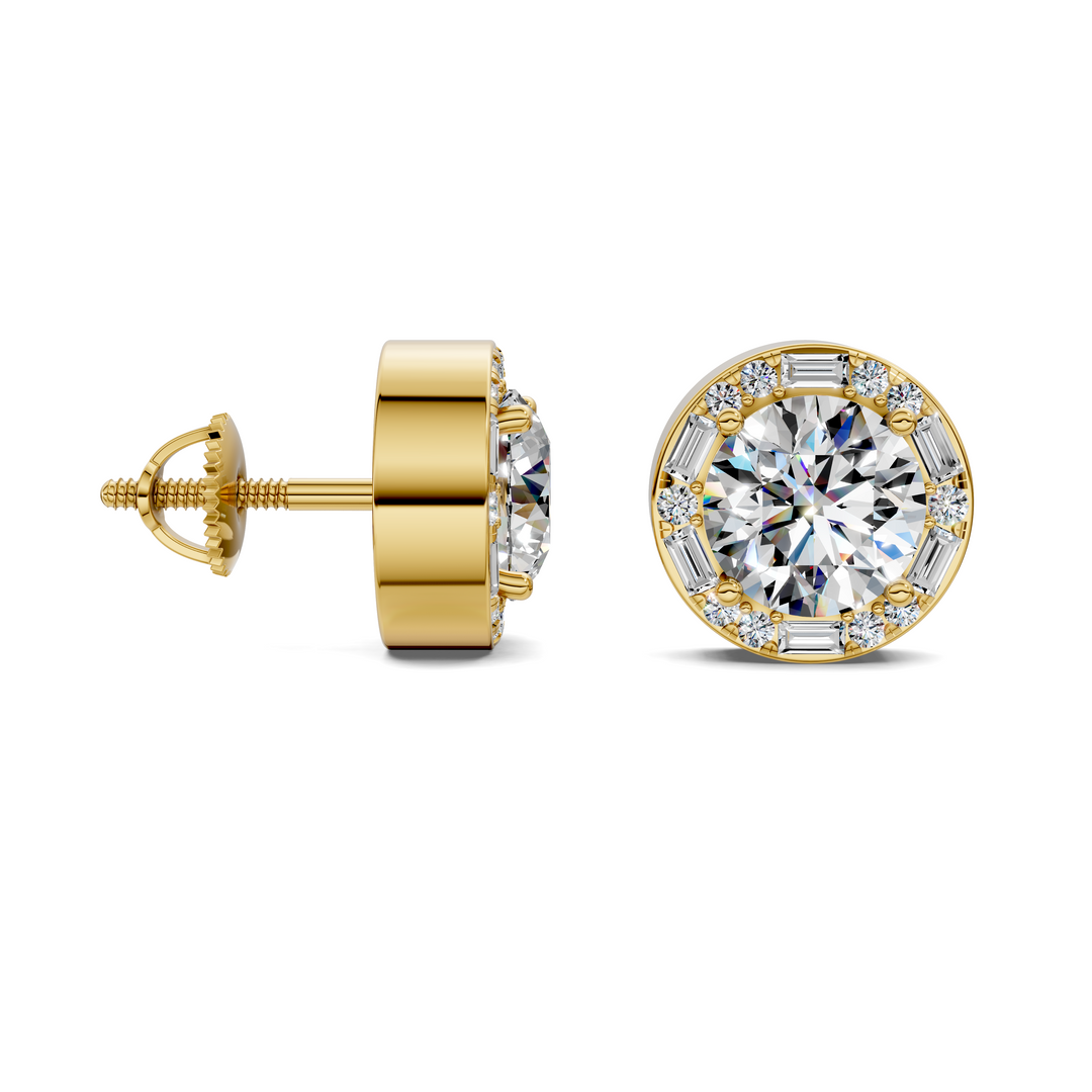 Round Cut Round and Baguette Halo Stud Earrings