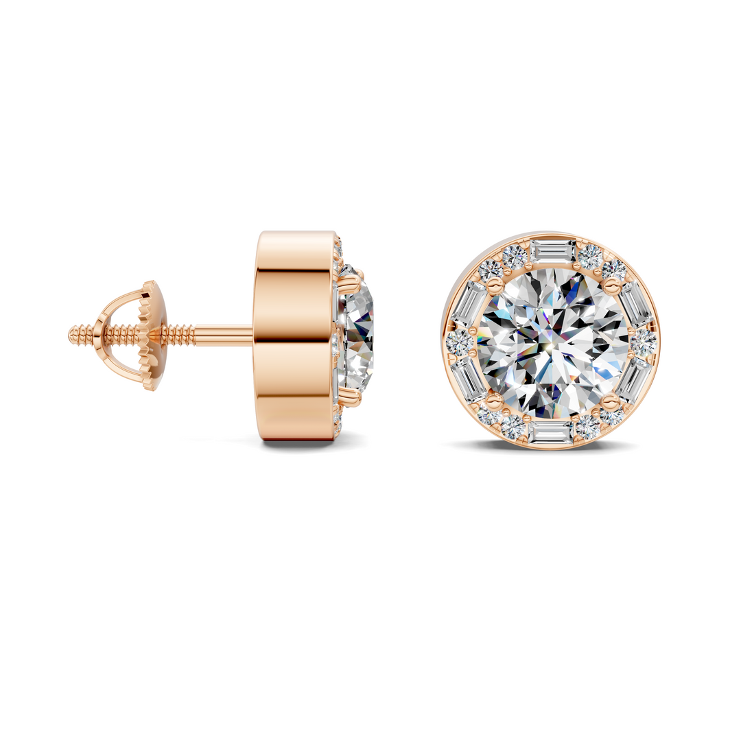 Round Cut Round and Baguette Halo Stud Earrings