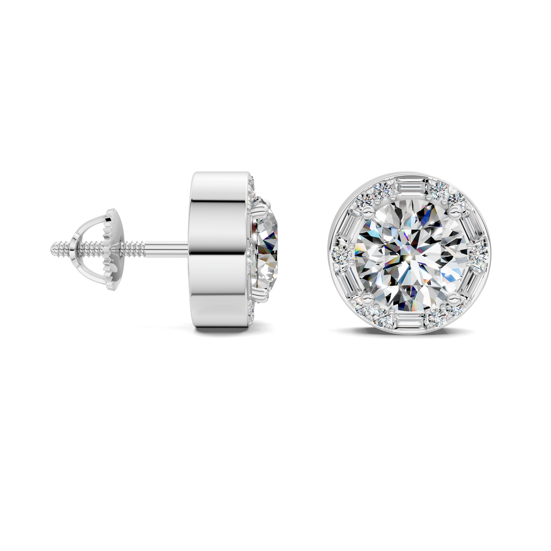 Round Cut Round and Baguette Halo Stud Earrings