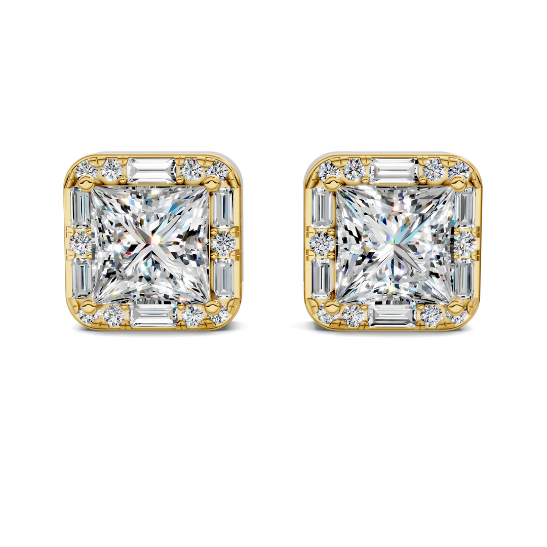 Princess Cut Round and Baguette Halo Stud Earrings