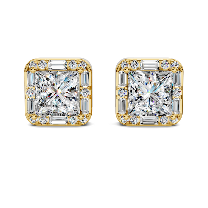 Princess Cut Round and Baguette Halo Stud Earrings