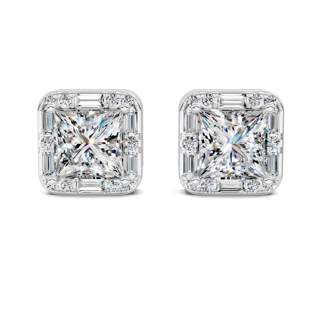 Princess Cut Round and Baguette Halo Stud Earrings