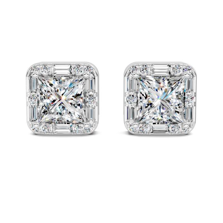 Princess Cut Round and Baguette Halo Stud Earrings