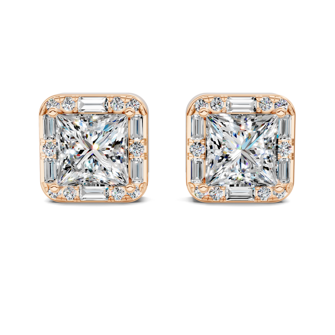 Princess Cut Round and Baguette Halo Stud Earrings