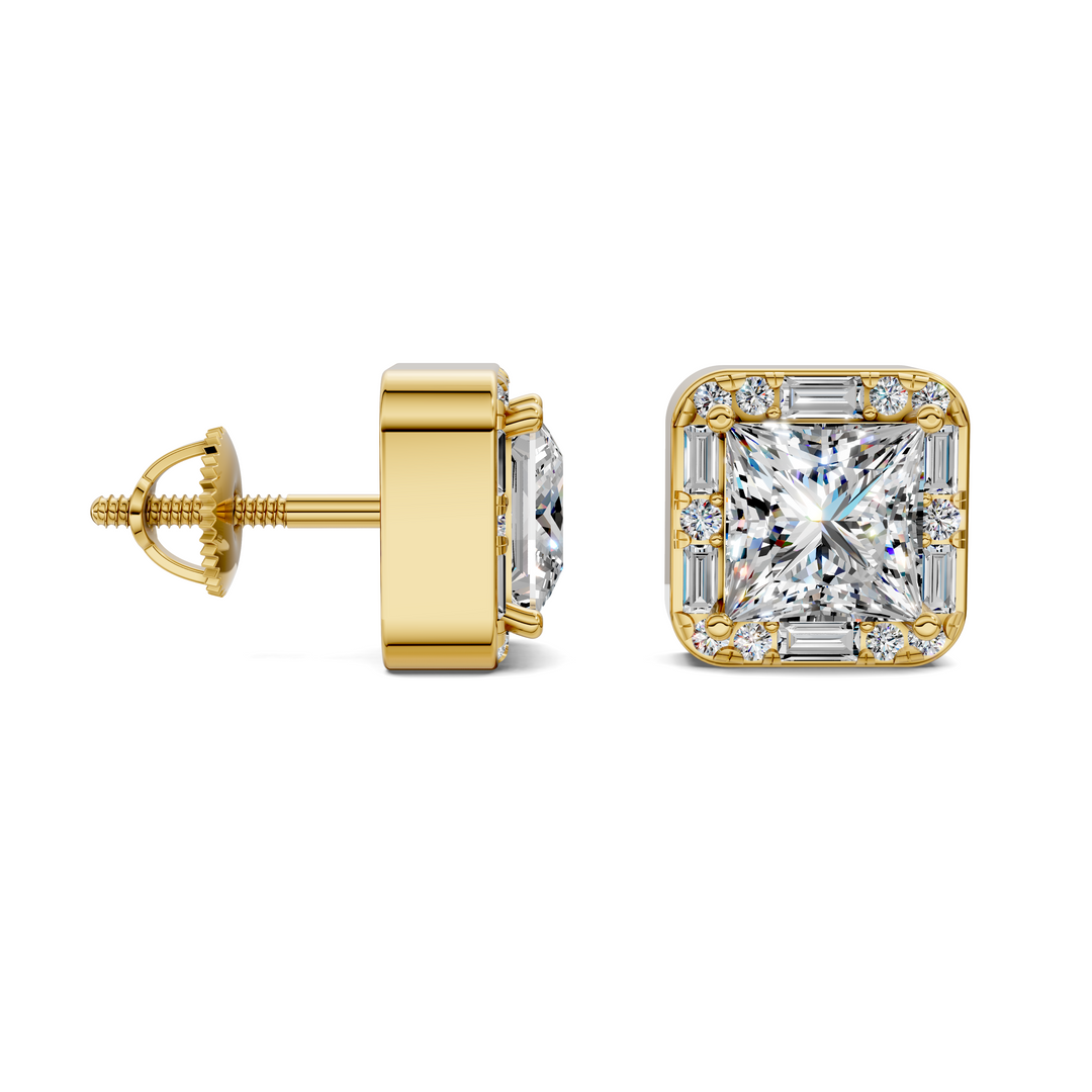 Princess Cut Round and Baguette Halo Stud Earrings