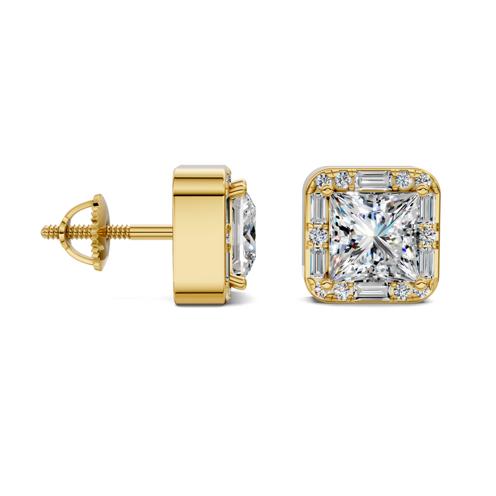 Princess Cut Round and Baguette Halo Stud Earrings