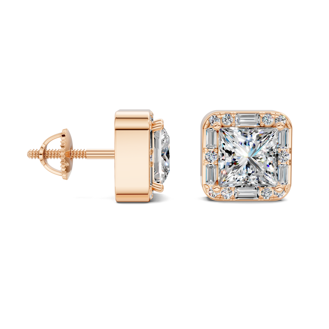 Princess Cut Round and Baguette Halo Stud Earrings
