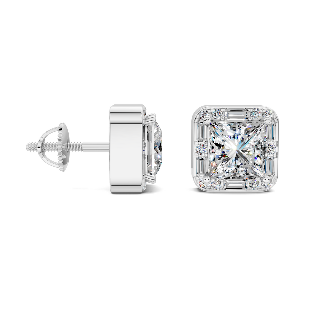 Princess Cut Round and Baguette Halo Stud Earrings