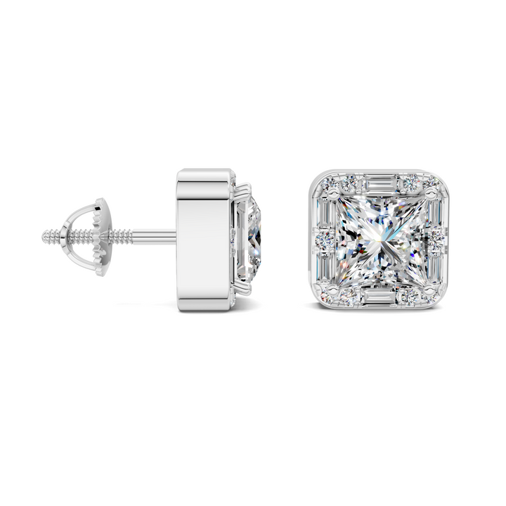 Princess Cut Round and Baguette Halo Stud Earrings