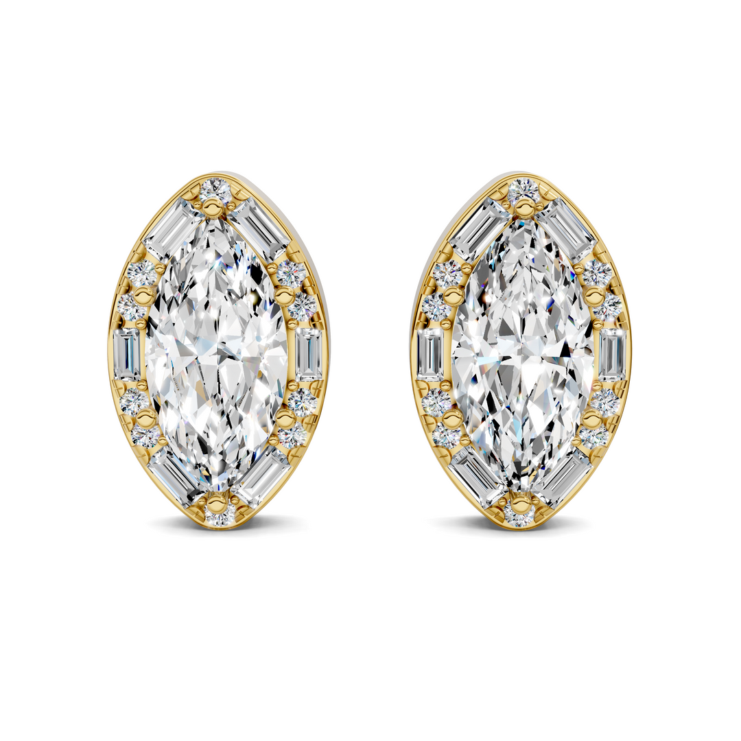 Marquise Cut Round and Baguette Halo Stud Earrings