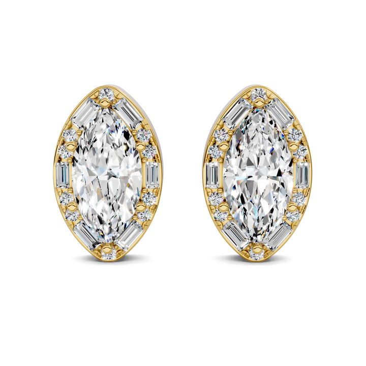 Marquise Cut Round and Baguette Halo Stud Earrings