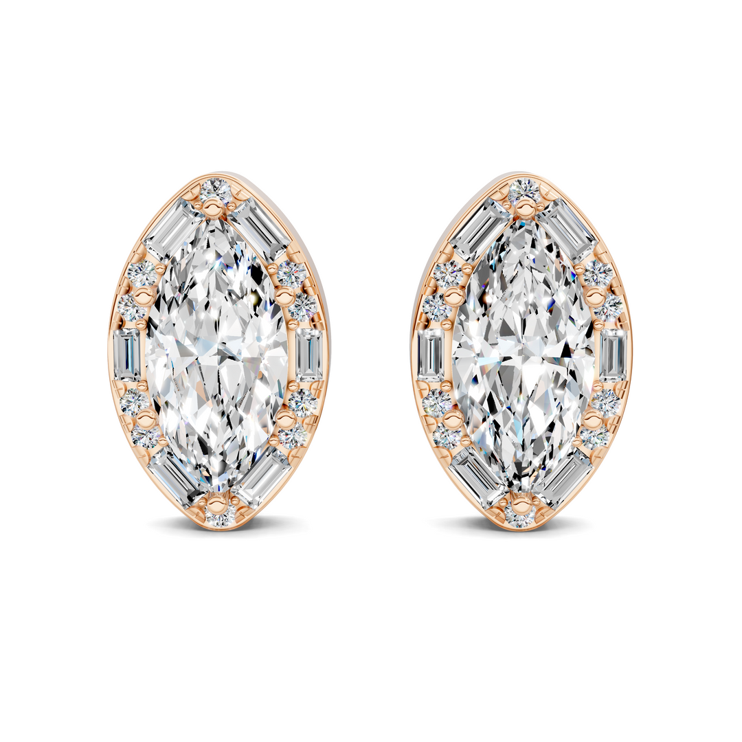 Marquise Cut Round and Baguette Halo Stud Earrings