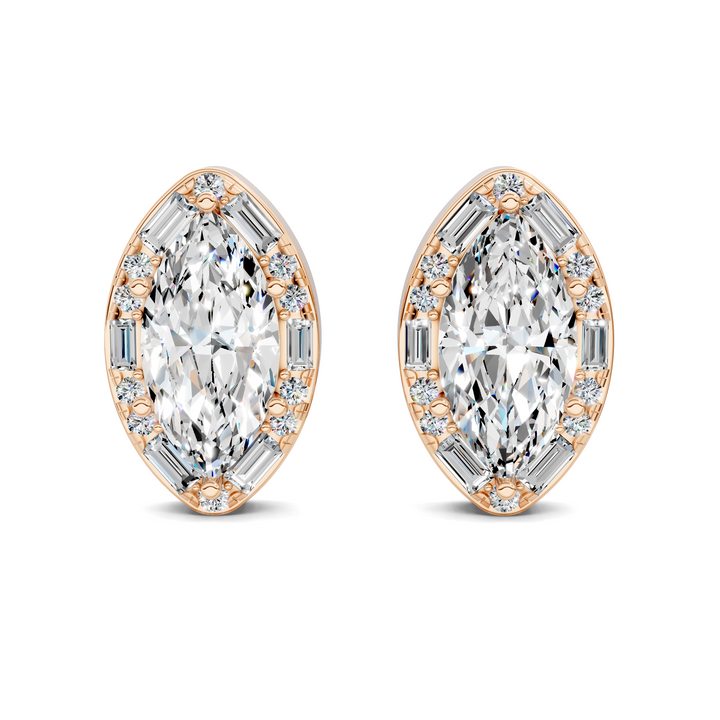 Marquise Cut Round and Baguette Halo Stud Earrings