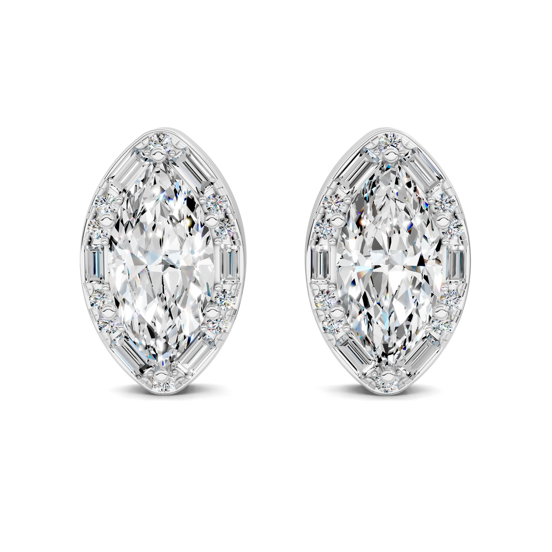 Marquise Cut Round and Baguette Halo Stud Earrings
