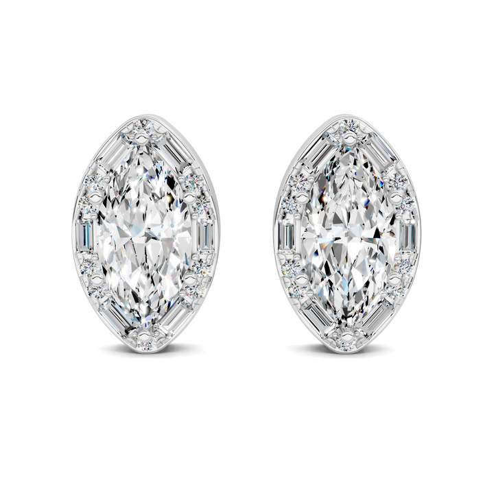 Marquise Cut Round and Baguette Halo Stud Earrings