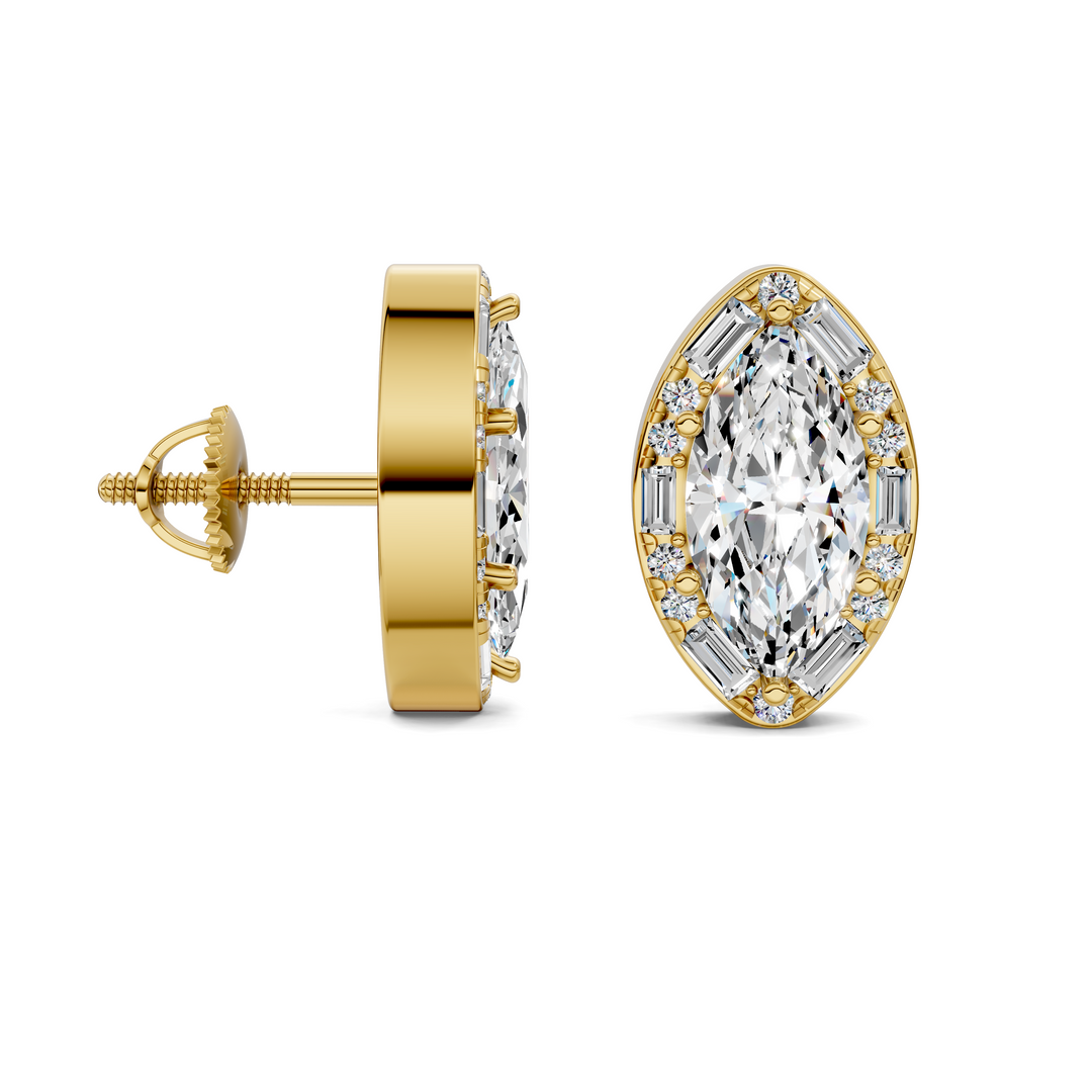 Marquise Cut Round and Baguette Halo Stud Earrings