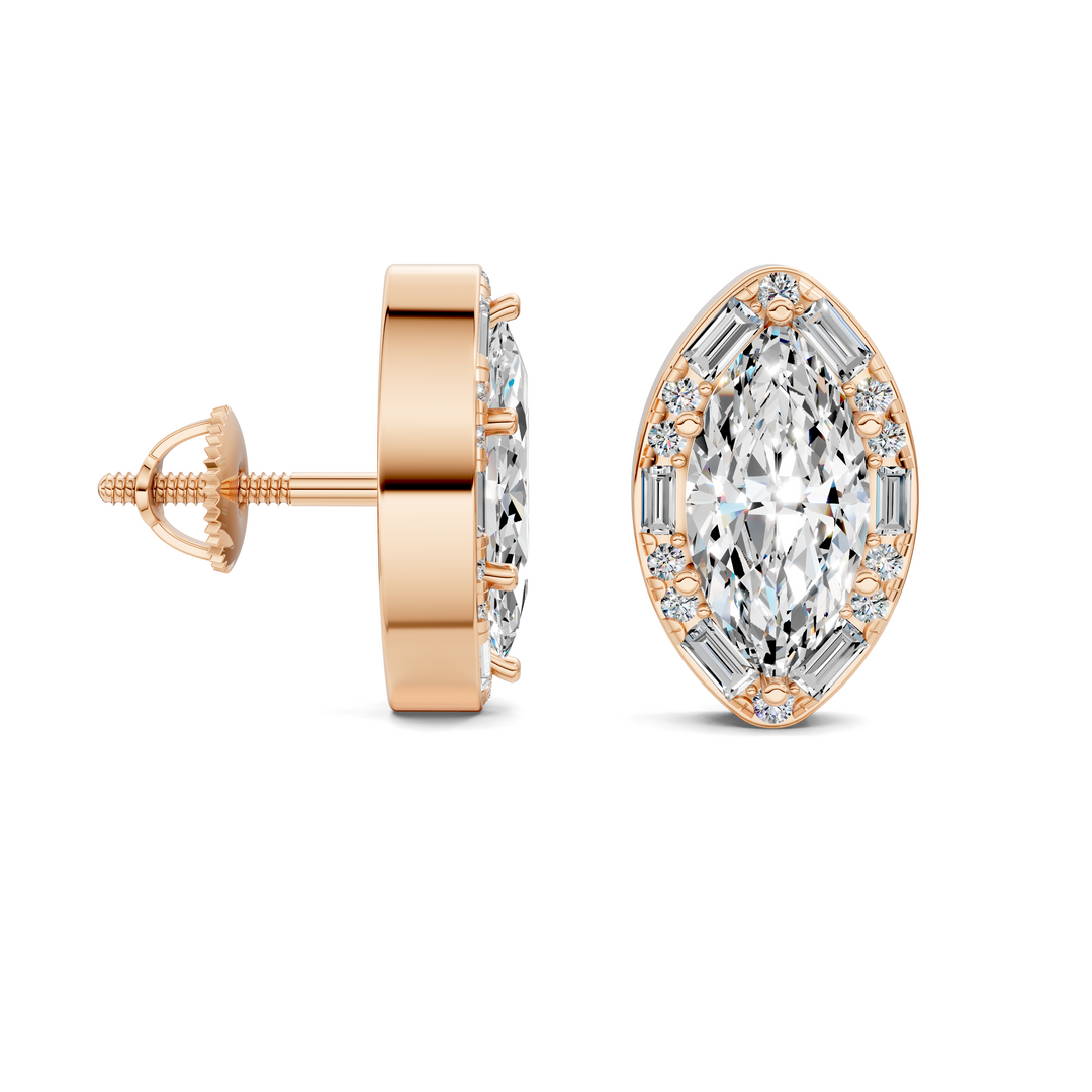 Marquise Cut Round and Baguette Halo Stud Earrings