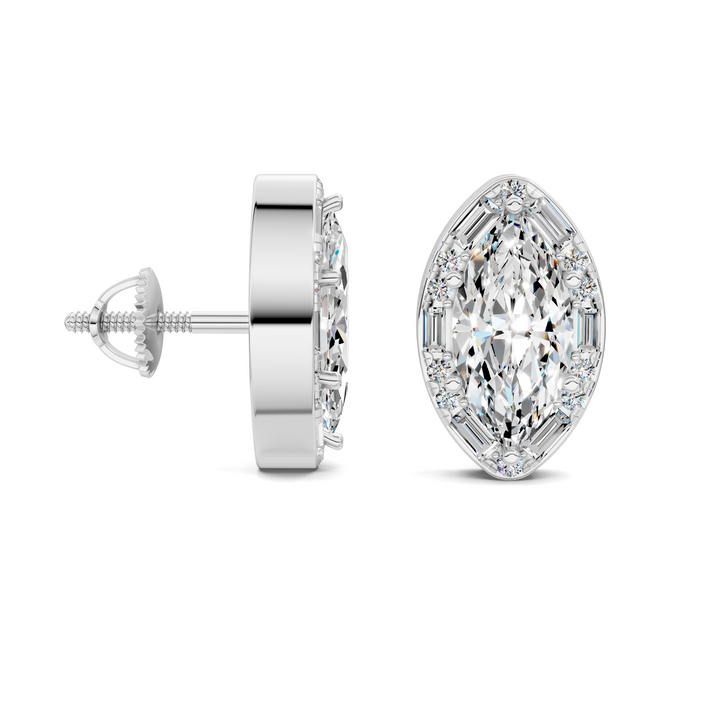 Marquise Cut Round and Baguette Halo Stud Earrings