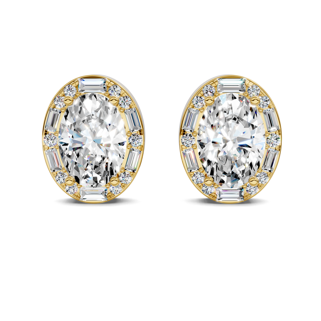 Oval Cut Round and Baguette Halo Stud Earrings