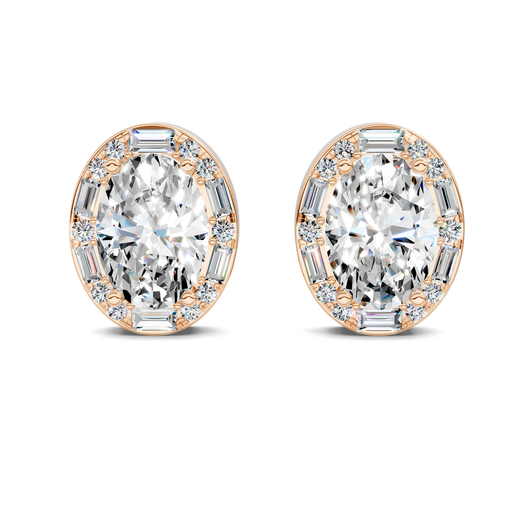 Oval Cut Round and Baguette Halo Stud Earrings