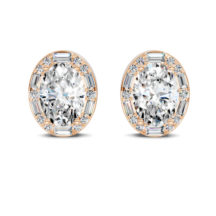 Oval Cut Round and Baguette Halo Stud Earrings