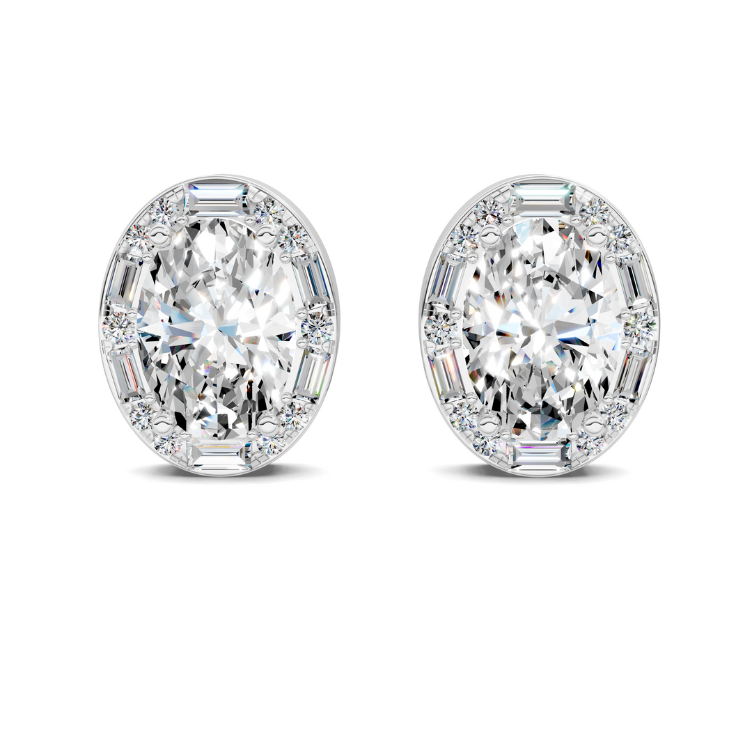 Oval Cut Round and Baguette Halo Stud Earrings