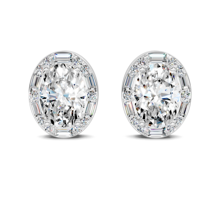 Oval Cut Round and Baguette Halo Stud Earrings