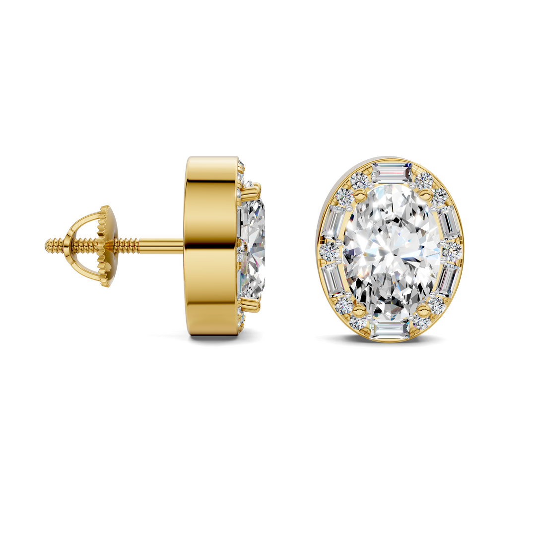 Oval Cut Round and Baguette Halo Stud Earrings