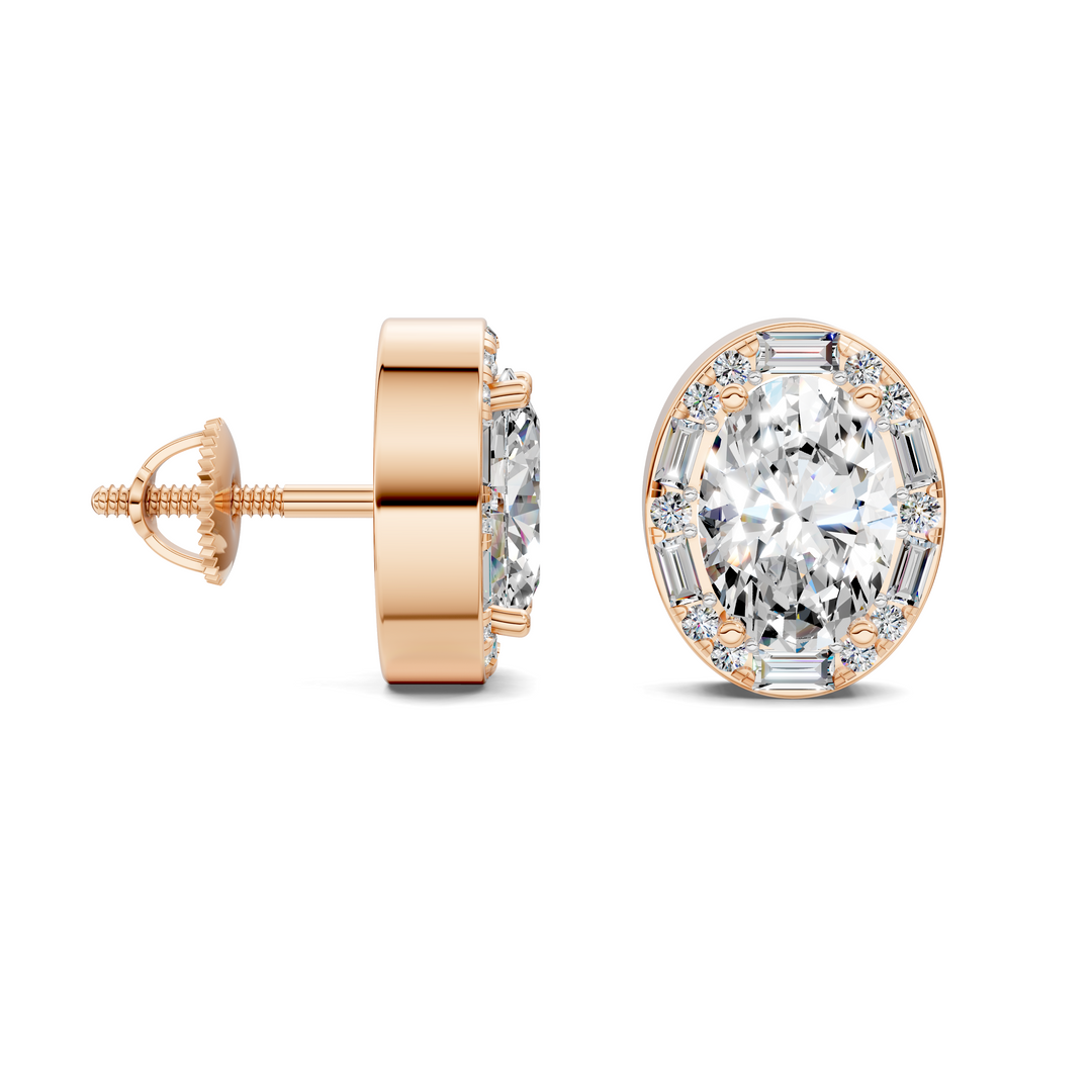 Oval Cut Round and Baguette Halo Stud Earrings