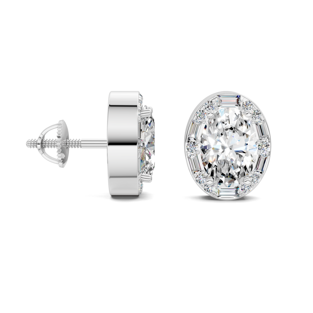 Oval Cut Round and Baguette Halo Stud Earrings