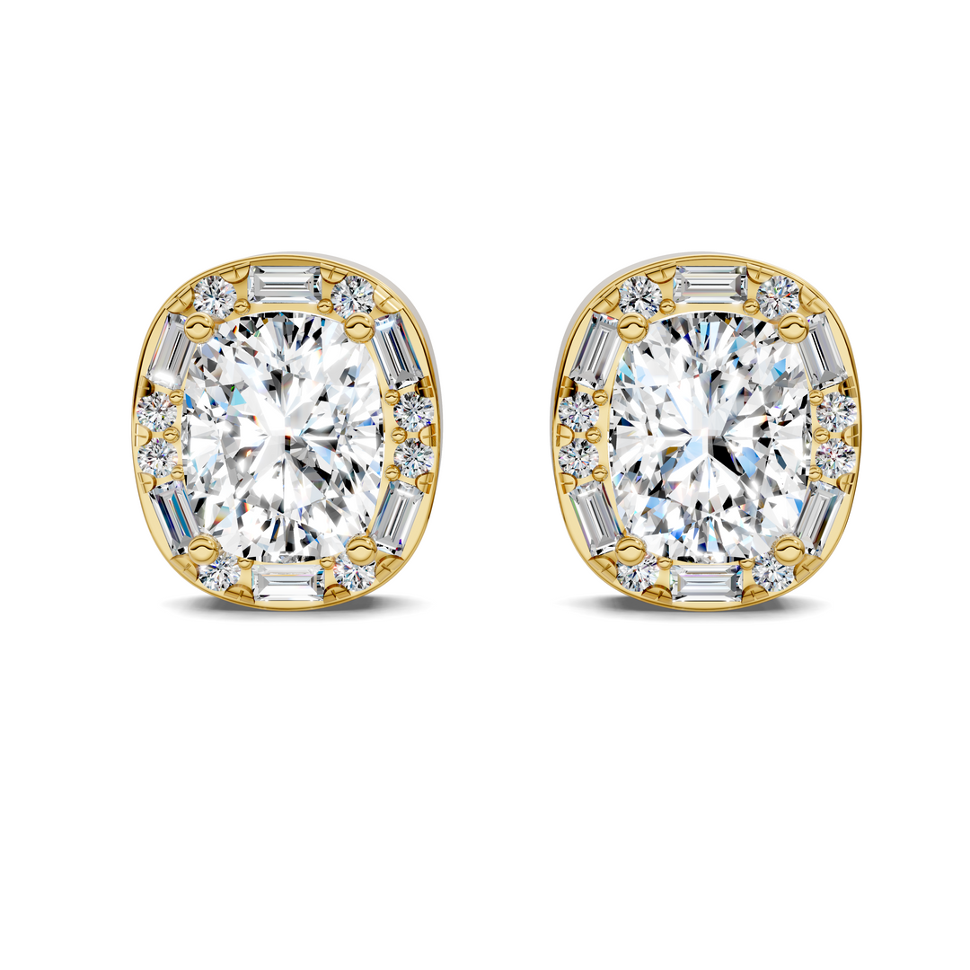 Cushion Cut Round and Baguette Halo Stud Earrings