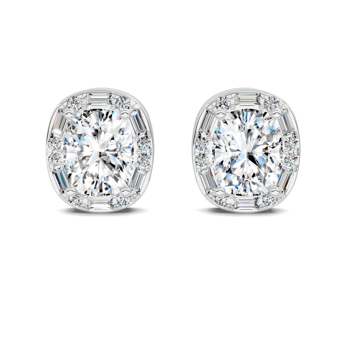 Cushion Cut Round and Baguette Halo Stud Earrings