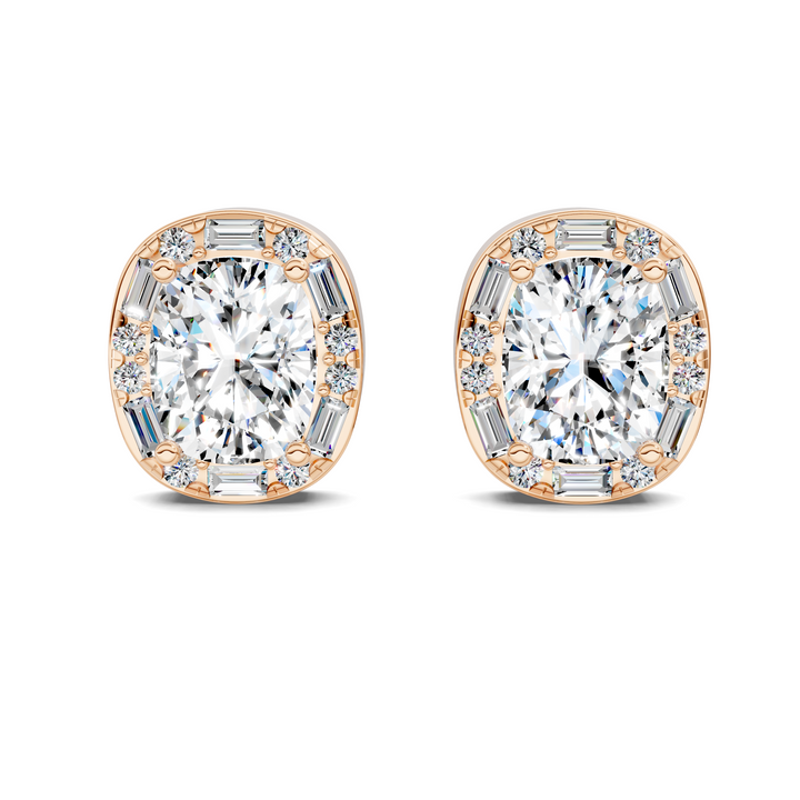 Cushion Cut Round and Baguette Halo Stud Earrings