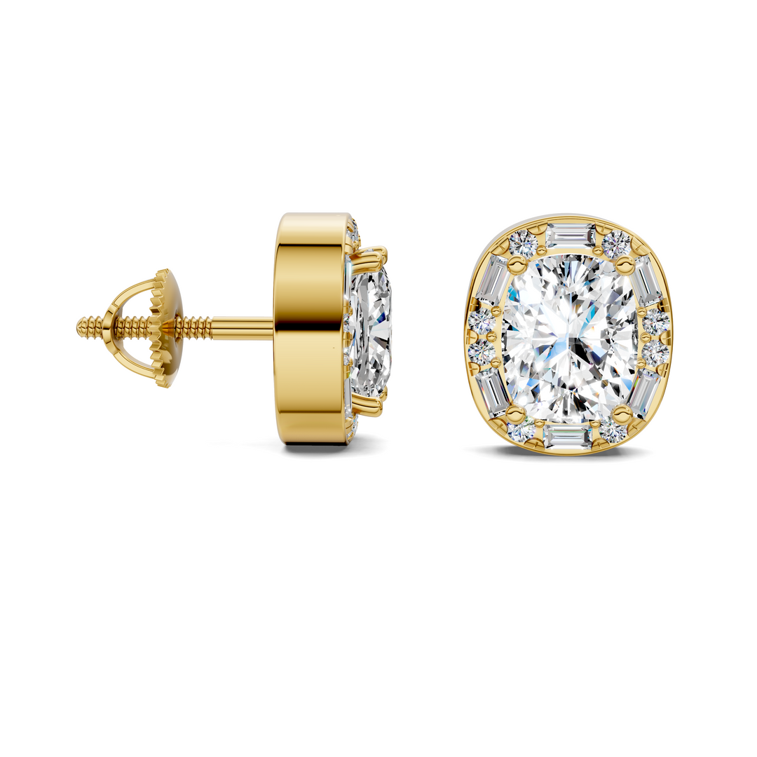 Cushion Cut Round and Baguette Halo Stud Earrings