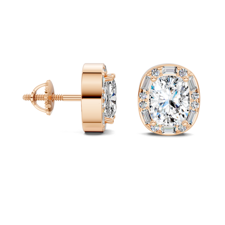 Cushion Cut Round and Baguette Halo Stud Earrings