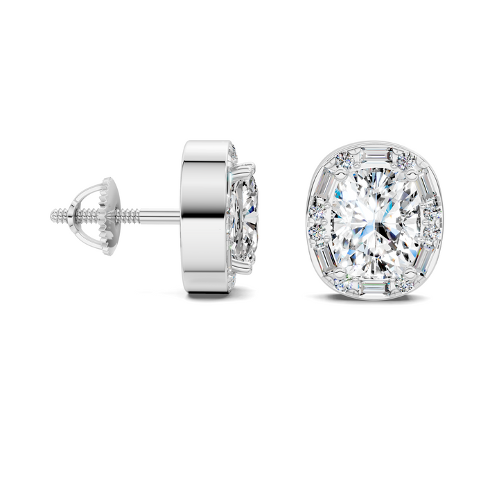 Cushion Cut Round and Baguette Halo Stud Earrings