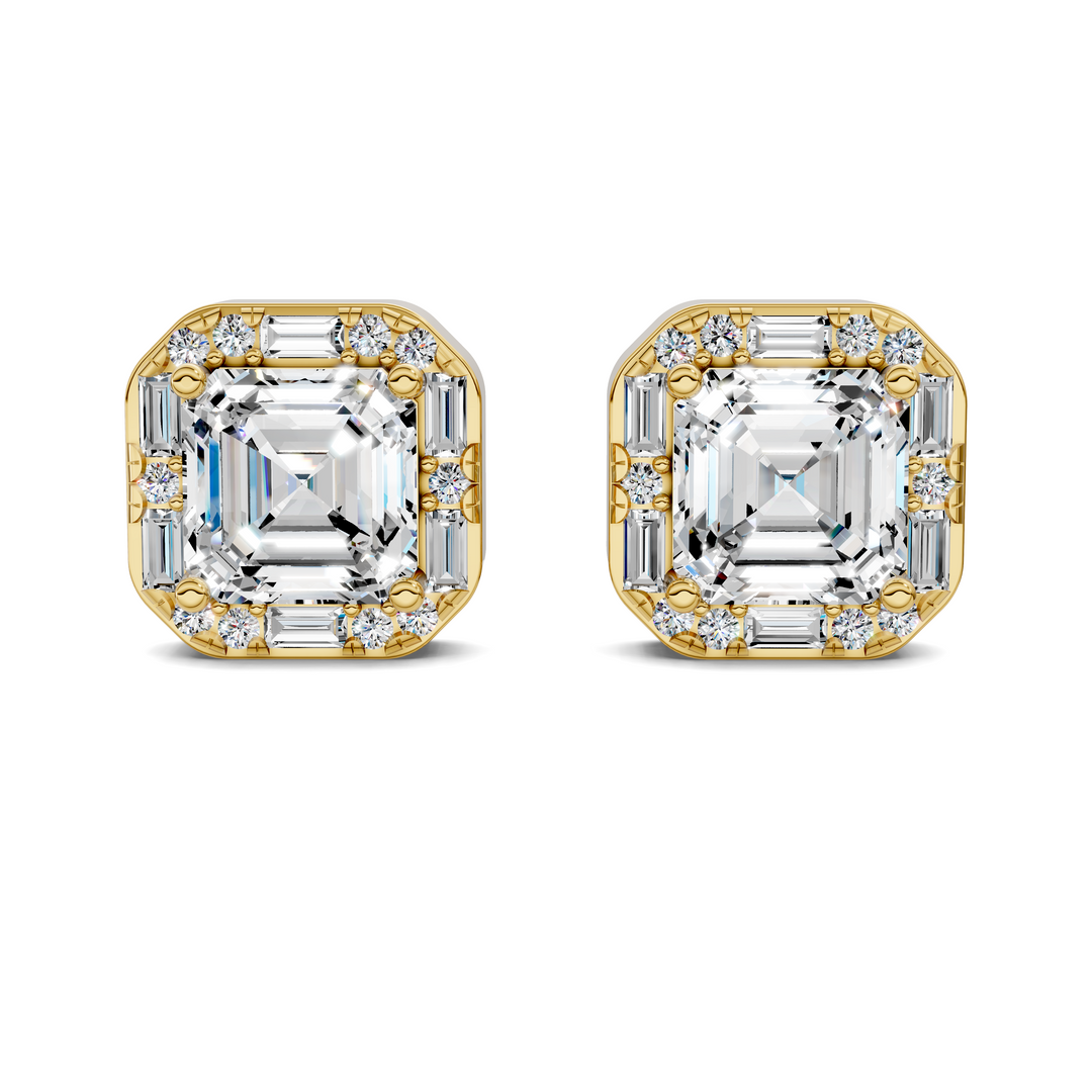 Asscher Cut Round and Baguette Halo Stud Earrings
