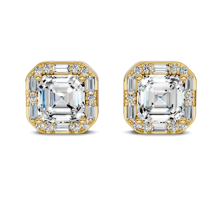 Asscher Cut Round and Baguette Halo Stud Earrings