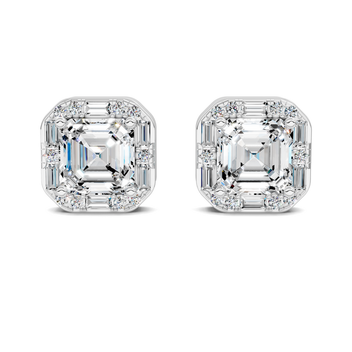 Asscher Cut Round and Baguette Halo Stud Earrings
