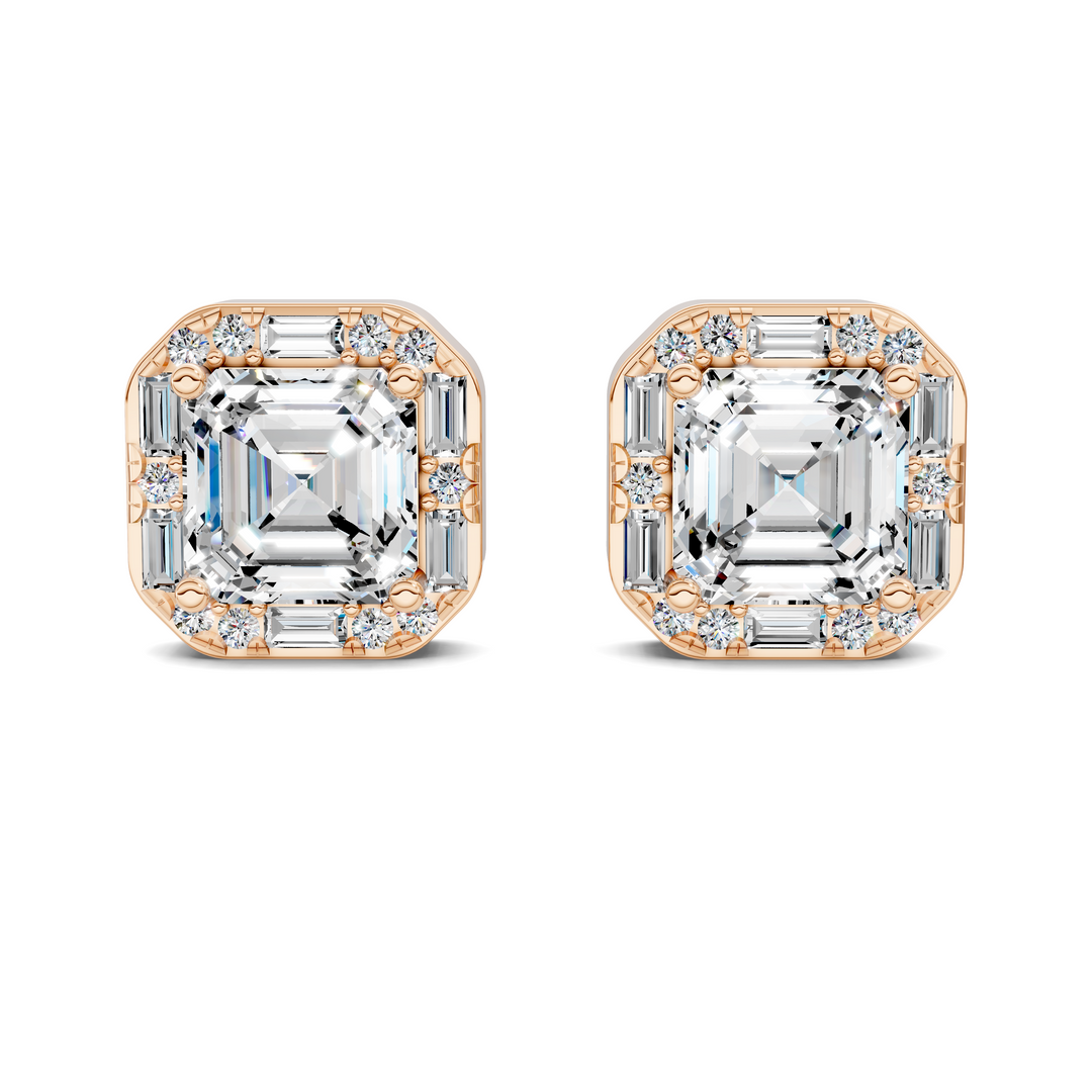 Asscher Cut Round and Baguette Halo Stud Earrings