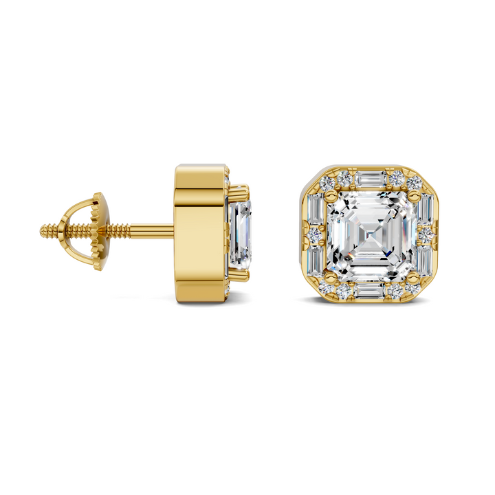 Asscher Cut Round and Baguette Halo Stud Earrings