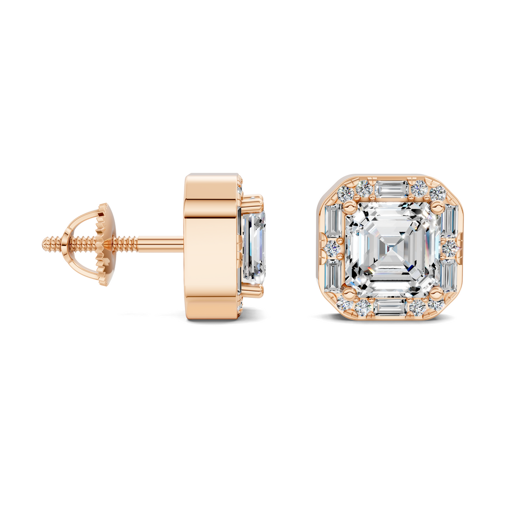 Asscher Cut Round and Baguette Halo Stud Earrings