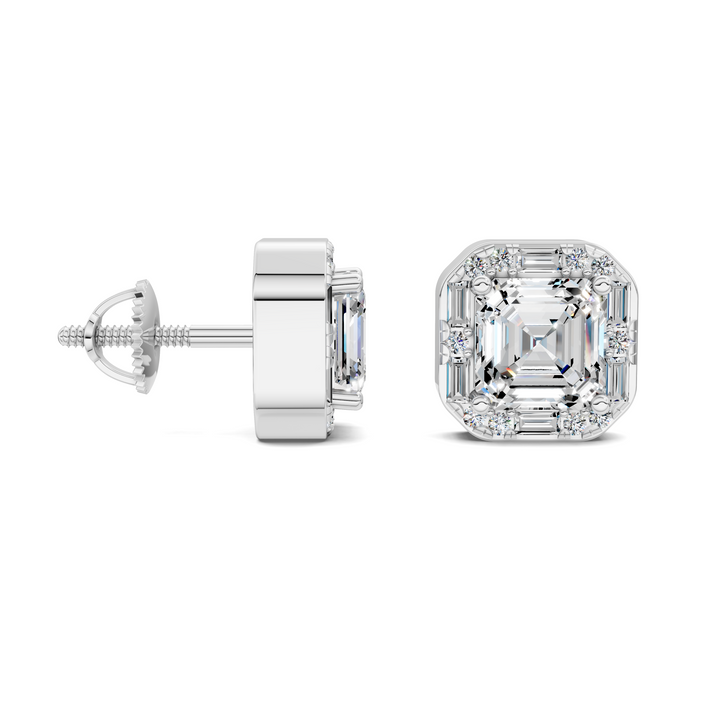 Asscher Cut Round and Baguette Halo Stud Earrings