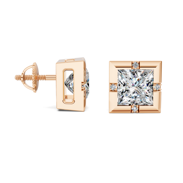 Princess Cut Bezel Accent Stud Earrings