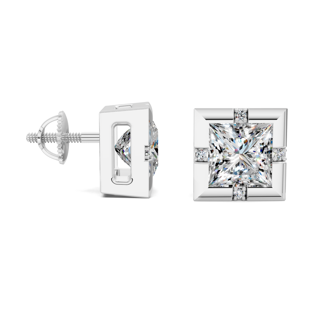 Princess Cut Bezel Accent Stud Earrings