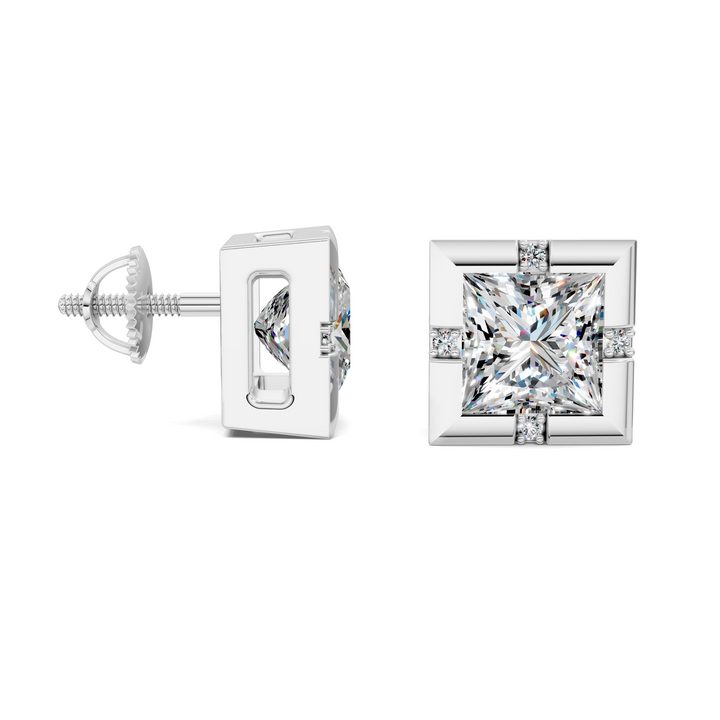 Princess Cut Bezel Accent Stud Earrings